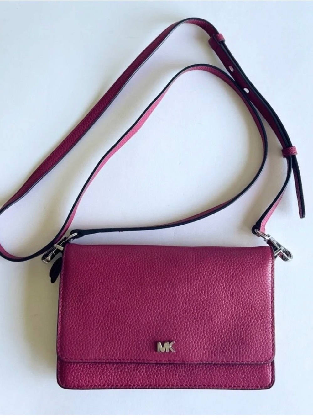 Michael Kors Raspberry Pebble Genuine Leather Crossbody Strap Wallet